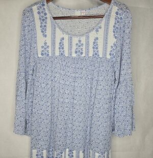 Bongo Boho Floral Tunic Top Blue White Rayon Bell Sleeve Peasant Blouse M